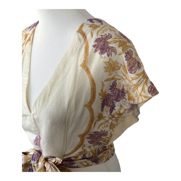Free People Arielle Linen Blend Short Sleeve Ivory Purple Crop Top Bow Tie XS - Picture 7 of 16
